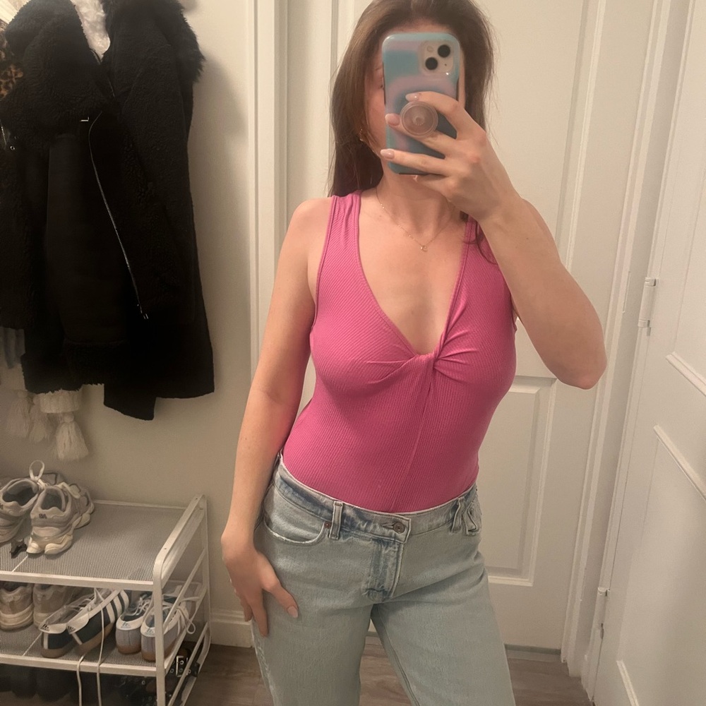 Lush Pink Twist-Front Ribbed Bodysuit
